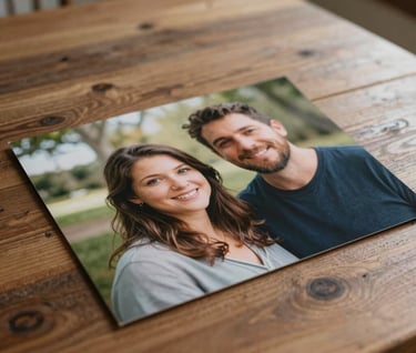 A high-quality photographic print of a couple's portrait on a rustic wooden table, North American / US home interior, soft natural light, muted wood brown palette.