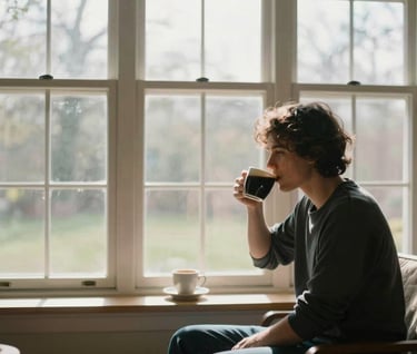 Candid shot of a person drinking coffee by a large window in a North American / US home, sun-drenched and peaceful atmosphere.