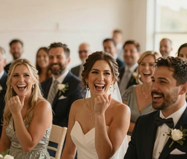 A candid shot of wedding guests cheering during a North American / US ceremony. Cinematic depth of field, authentic expressions of joy, and warm sun-drenched light casting a soft sand tone over the scene.