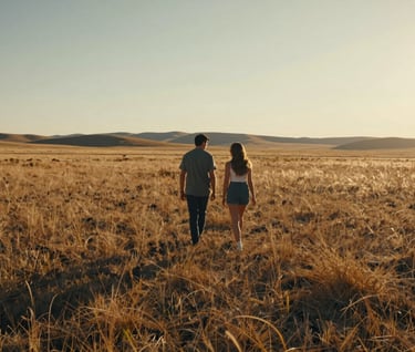 A wide cinematic shot of a couple walking through a North American / US meadow during the golden hour, sun-drenched atmosphere with dark charcoal shadows and soft warm sand light.