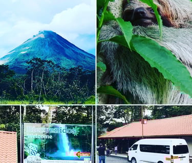 a sloth, a volcano, a white van and two people walking