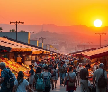 eine Gruppe von Menschen, die eine Straße entlang gehen, bei Sonnenuntergang