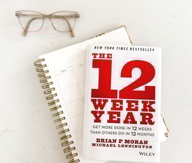 a book with a pair of glasses and a notebook with a calendar