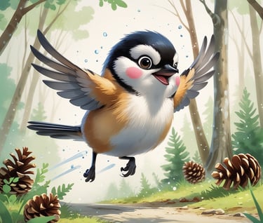 Chester Chickadee flying through the forest