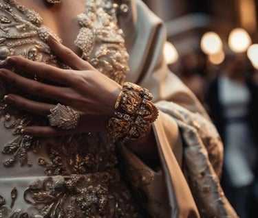 a woman in a gold dress with a gold bracelet and a gold bracelet