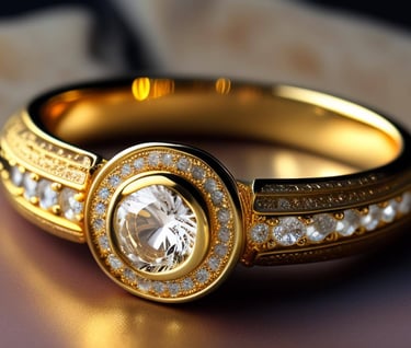 a gold wedding ring with a diamond set in the center