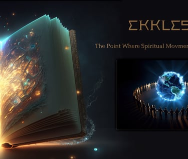 Ethereal Bible emits explosive light; enlightened people encircle glowing world.