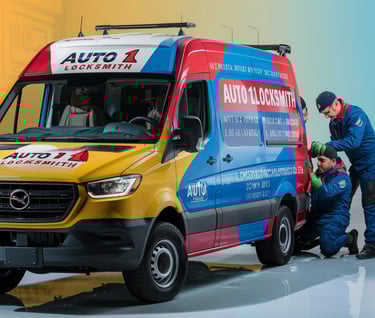 a mobile auto 1 locksmith technician is working on a van with a man in a blue and yellow uniform
