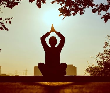 a person sitting on a ledge with a sun in the background