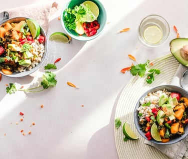 Longevity diet - a table with bowls of food and a glass of water