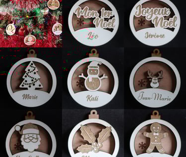 Boules de Noël bi-couches gravées et découpées au laser