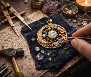 Bespoke gold pendant custom-designed by BELLE. astrological birth date frequency, luxury intention