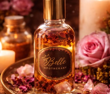 Handcrafted rose perfume oil by Belle Apothecary created through a 3-month rose petal maceration pro