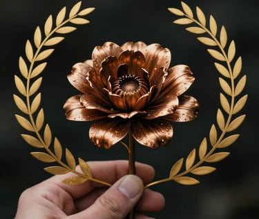 A detail shot of a hand holding a Warm Bronze flower, high contrast photography with a dark, moody atmosphere.