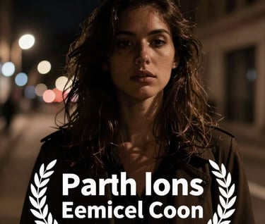 A moody street portrait taken at night. The subject is partially obscured by shadows, with soft warm taupe highlights from a distant light source. Cinematic depth of field and midnight black background.