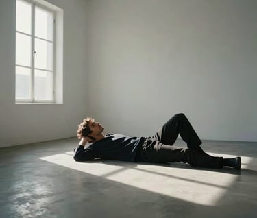 Cinematic wide shot of a figure reclining in a minimalist space. Soft white light entering from a side window, creating dramatic charcoal shadows.