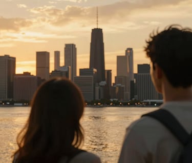 An over-the-shoulder cinematic shot of a couple watching a golden sunset over a North American city skyline, warm and atmospheric.