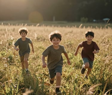 A candid shot of young children running through tall grass in a sun-filled North American meadow. The style is cinematic lifestyle photography with warm sun flares and a friendly, authentic mood featuring soft sand and deep brown tones.