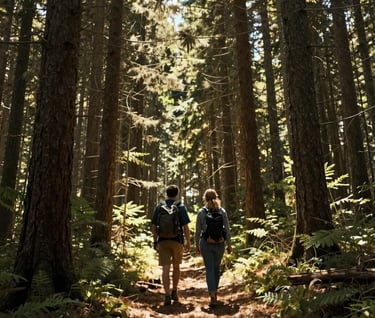 A wide cinematic shot of a couple walking through a majestic North American / US forest. Dappled sunlight filters through the trees, casting a warm glow. The mood is adventurous and authentic.