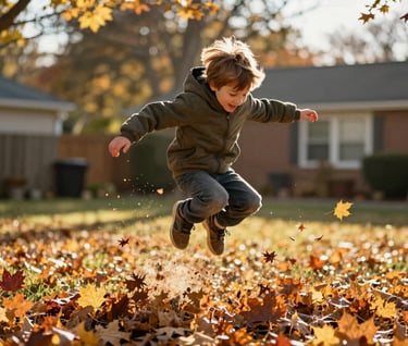 A cinematic action shot of a child jumping into a pile of autumn leaves in a North American / US backyard. The scene is filled with warm, golden-hour light. The composition is dynamic and authentic, capturing pure joy with a sun-drenched quality.
