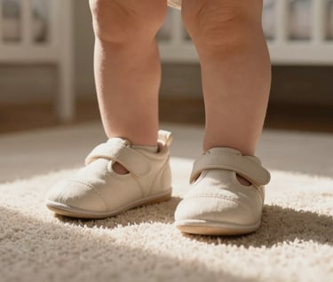 A detail shot of a baby's soft shoes on a cozy rug in a sun-lit North American nursery, warm and cinematic lighting.