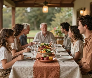 A lifestyle photograph of an intimate family dinner on a rustic North American / US patio. Soft Sand linens and Terracotta accents create a warm, inviting atmosphere. Authentic expressions and cinematic bokeh from overhead warm lighting.