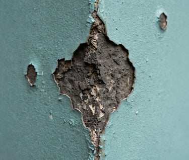 Macro photography focusing on the corner of a weathered building where muted teal paint is peeling to reveal charcoal-colored stone beneath. Soft, diffused lighting highlights the organic decay.