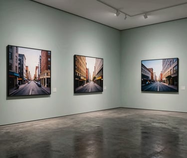 A wide, professional interior shot of a minimalist gallery. Large-scale photography prints of urban landscapes are hung on pale mist walls. The floor is a polished charcoal concrete, reflecting the soft sage lighting.