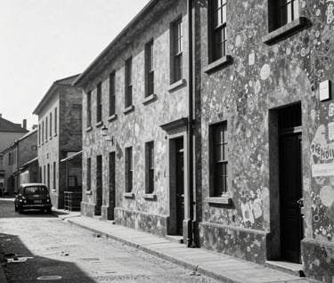 A black and white style photograph with deep Dark Slate tones and bright Pale Frost highlights, showing a quiet street scene that evokes a sense of history and urban research.