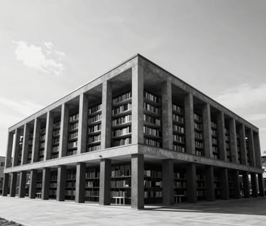 A wide-angle, high-contrast black and white style photograph of a modern library exterior. Clean architectural lines dominate, using charcoal black and mist white to emphasize form.