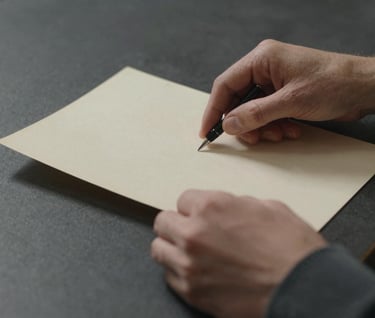 A close-up of a person's hands wearing a charcoal sleeve, carefully handling a soft sage-colored archival document over a dark charcoal table. The scene implies scholarly research and meticulous care.