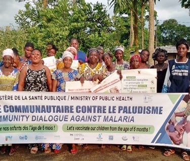 A community group for a malaria dialogue event promoting child vaccination in Cameroon