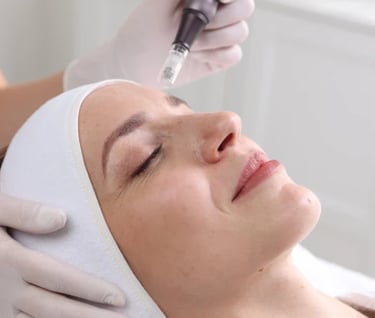 Professional microneedling facial treatment performed on a woman for skin rejuvenation and anti-aging.