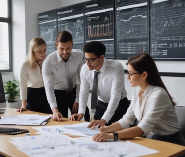 A futuristic government office environment showcasing AI technology and engaged employees.