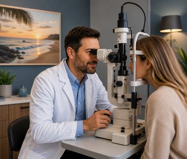 A happy physician performing an exam on a patient right after securing a customized insurance plan