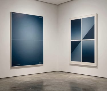 A wide-angle shot of a minimalist exhibition space in an International / Western gallery, where large printed brand posters are displayed on walls. The posters use a combination of muted steel blue and crisp off-white. The floor is polished concrete.
