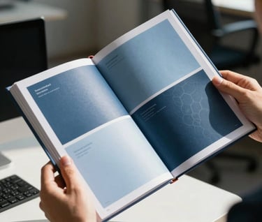 A designer's hands holding a professionally bound brand style guide in a sunlit International / Western creative agency. The pages show a sophisticated color palette of muted steel blue and soft sky blue. Focus is sharp on the print quality.
