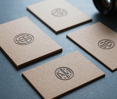 A collection of luxury business cards with embossed logos on thick, textured paper, laid out on a Steel Blue surface in a professional International / Western setting.