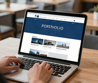 A professional person using a silver laptop in a bright, modern International / Western cafe, the screen showing a clean portfolio website with steel blue color blocks and sharp typography.