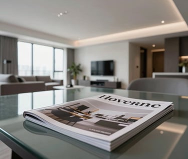 A sleek International / Western apartment interior with high ceilings and minimalist furniture, showcasing a branded magazine lying on a glass table, emphasizing clean design and sophisticated living.