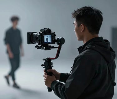 A professional camera operator wearing dark production gear, using a gimbal stabilizer to capture a player walk-out. The lighting is sophisticated and moody, incorporating tones of #8EA7BF for a sleek look.