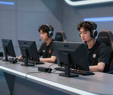A sleek view of a professional commentator's desk on an esports set. Two high-end headsets sit on the desk alongside touchscreens. Background features abstract light patterns in #8EA7BF and #1F2E3A.