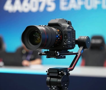 Behind-the-scenes shot of a professional 4K camera on a stabilizer rig, focusing on the lens, with a blurred background of an esports stage featuring #4A6075 and #EAF0F5 colors.