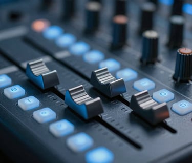 A macro shot of a digital audio mixing board with illuminated buttons and faders. The lights on the board are a soft, modern blue (#8EA7BF). The overall aesthetic is clean, professional, and high-tech.
