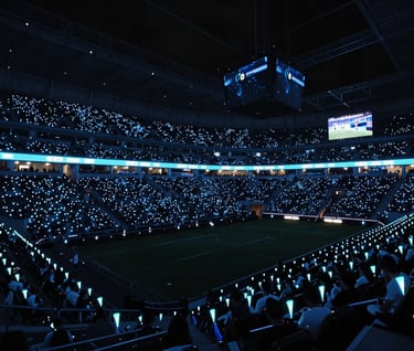 A low-angle shot of a massive esports arena audience during a live broadcast. The stadium is filled with glowing blue and white lights (#8EA7BF, #EAF0F5). The atmosphere is energetic and professional.