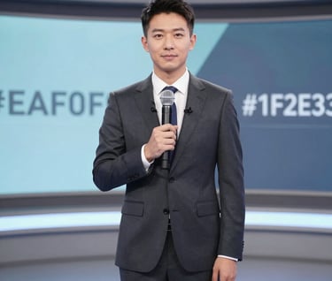 A professional broadcast host in a sharp suit standing on a modern set, holding a microphone. Professional studio lighting with neutral grey and blue accents (#EAF0F5 and #1F2E3A). Sleek, minimalist aesthetic.