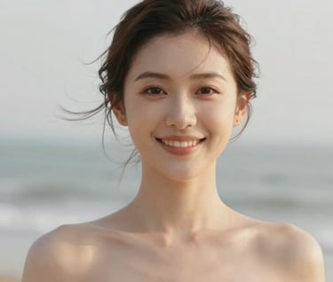 Candid portrait of a bride smiling softly, her hair caught in a sea breeze, warm skin tones, minimalist composition with a blurred #F8F5EF coastal background, timeless and elegant.