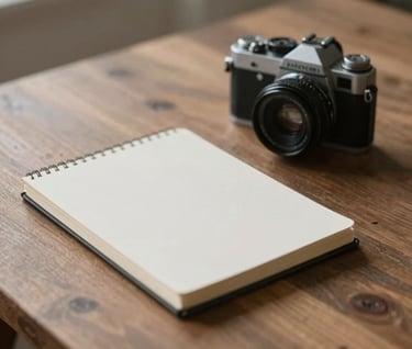 A minimalist still life of a vintage camera and a simple diary on a rustic wooden table, bathed in soft afternoon light. Muted palette including #7B6654 and #F8F5EF.