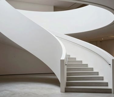 A high-contrast, professional architectural photograph of a modern white staircase in a gallery, emphasizing clean lines and geometric symmetry, Global / Contemporary Art.