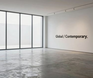 A wide shot of a modern, empty gallery space with polished concrete floors and large windows, soft diffused daylight, minimalist and calm atmosphere, Global / Contemporary Art.